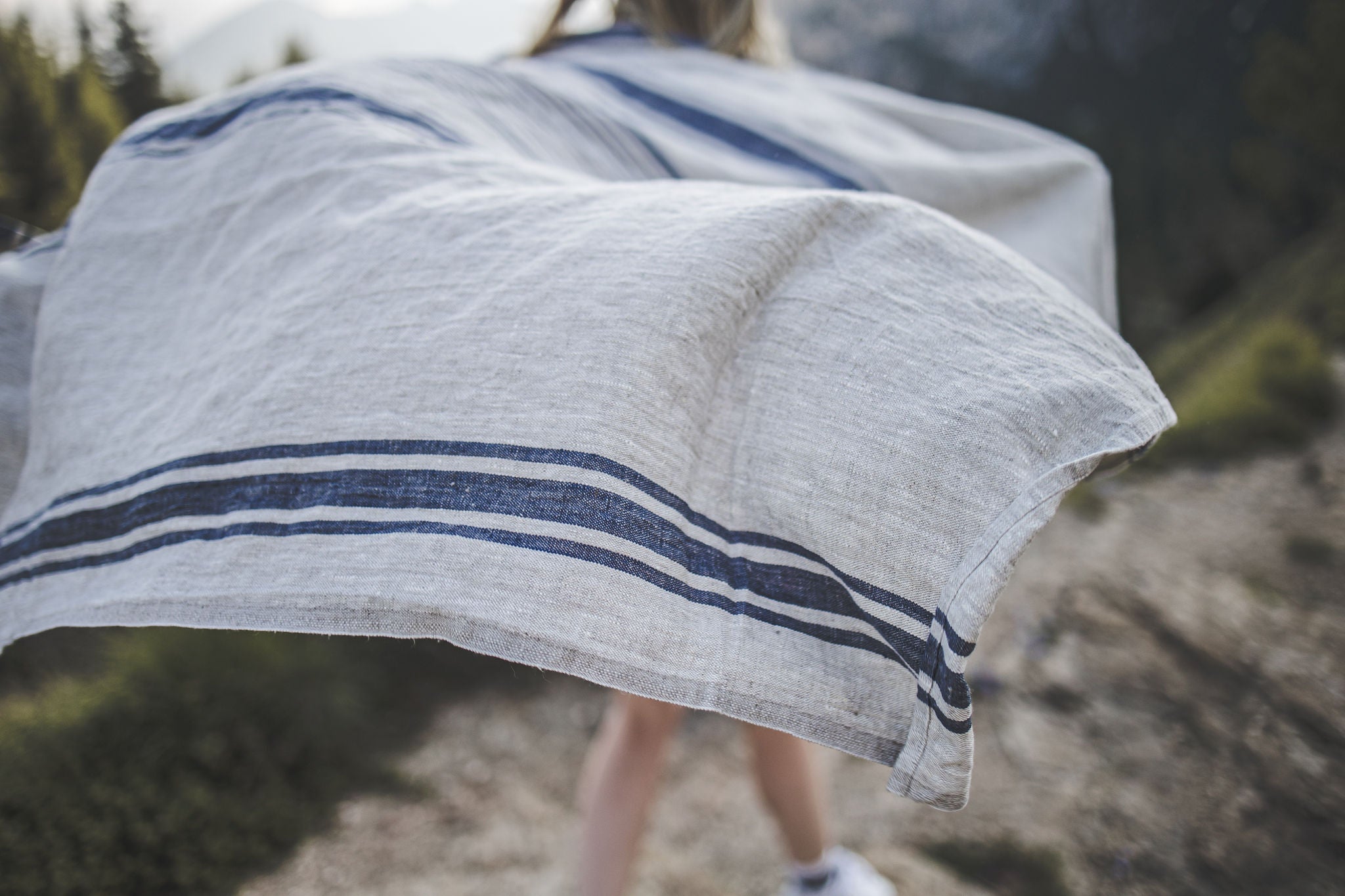 Linen beach towel with blue stripes