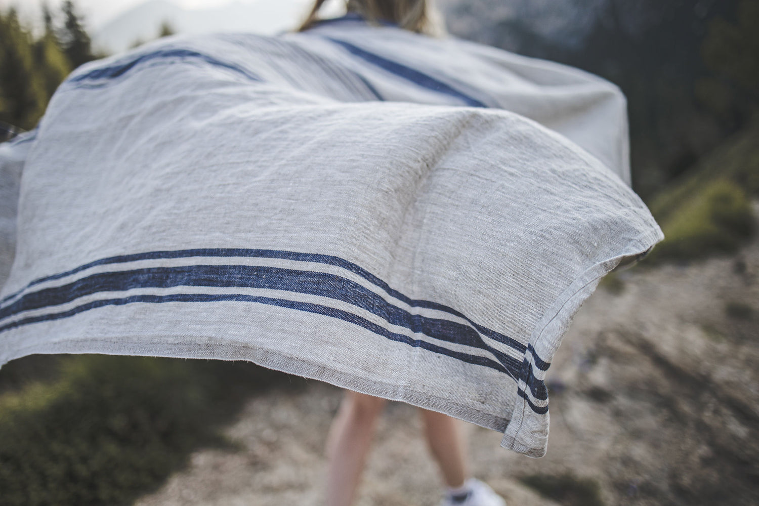 Linen beach towel with blue stripes