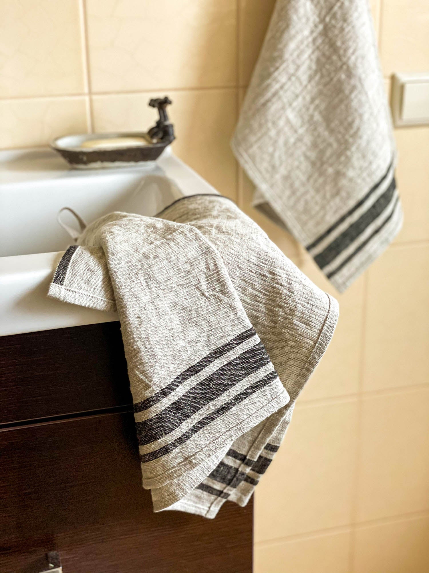 French style linen bath towels with black stripes