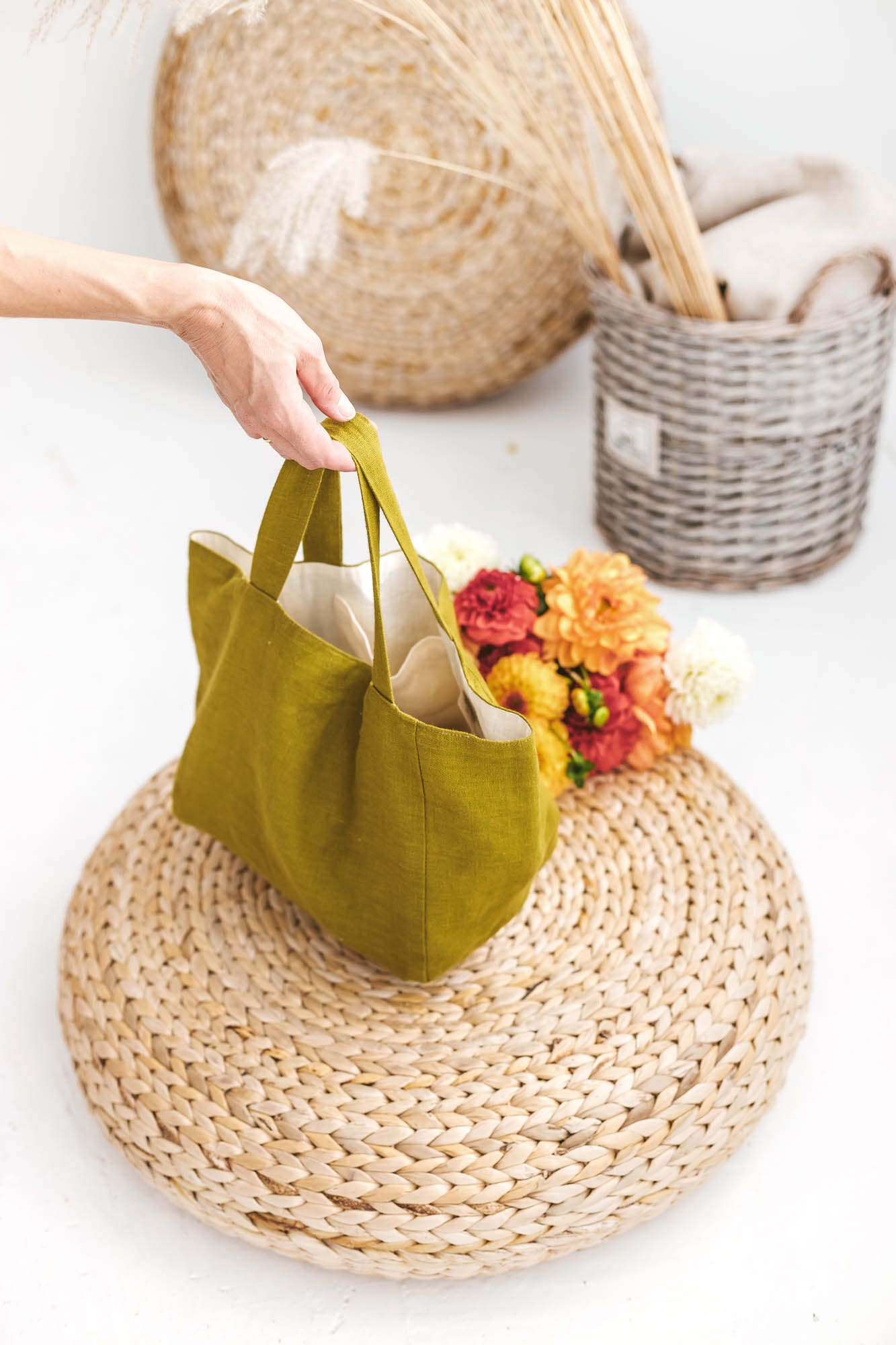 Olive green linen handbag