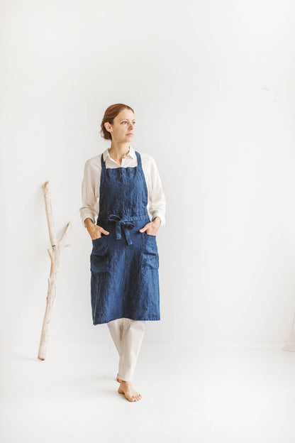 Midnight blue linen apron