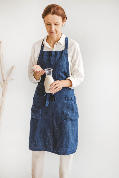 Midnight blue linen apron