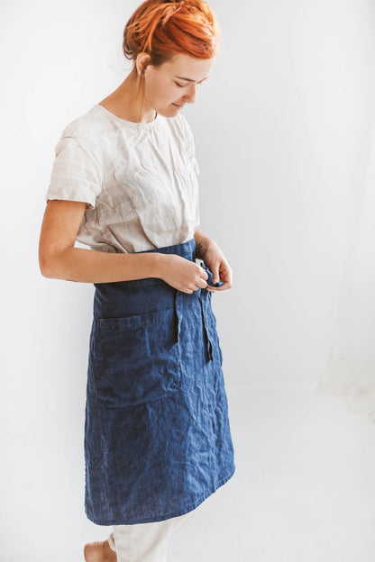 Midnight blue linen half apron