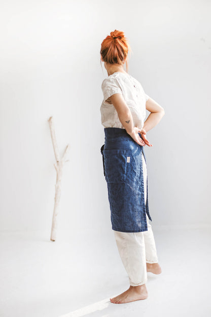 Midnight blue linen half apron