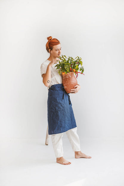 Midnight blue linen half apron