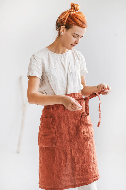 Burnt orange linen half apron