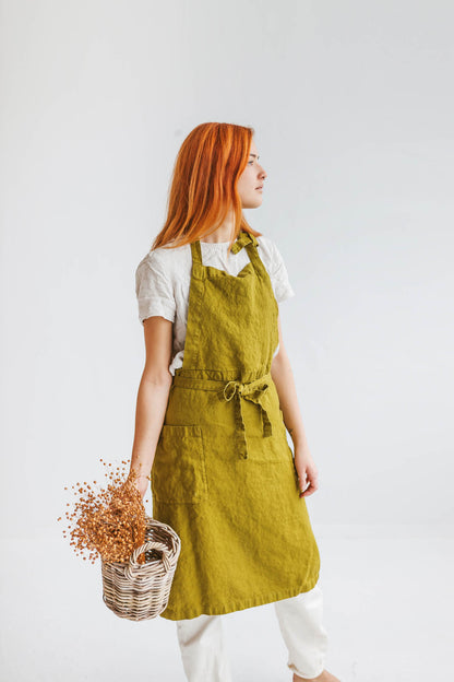 Olive green linen apron