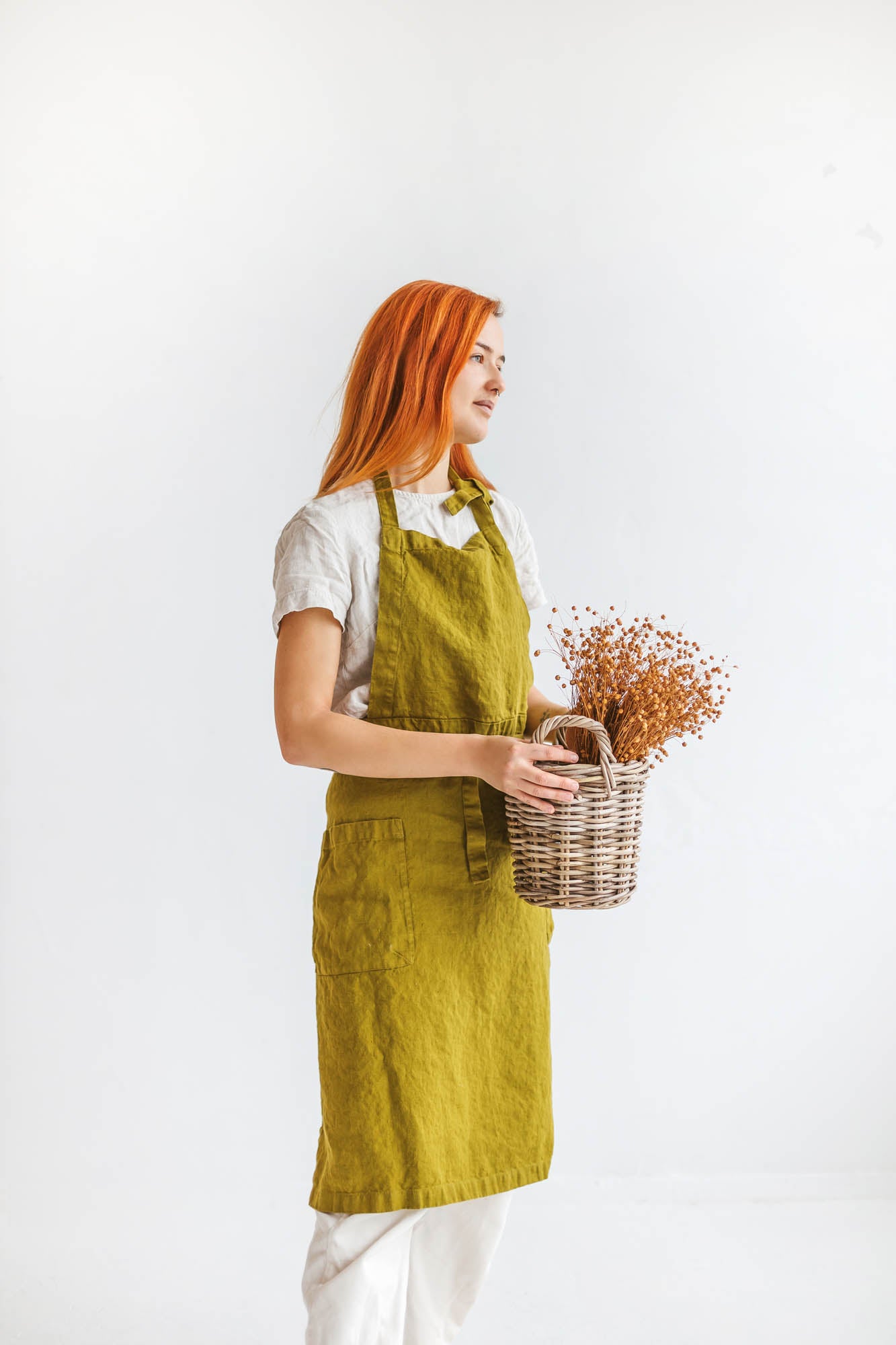 Olive green linen apron