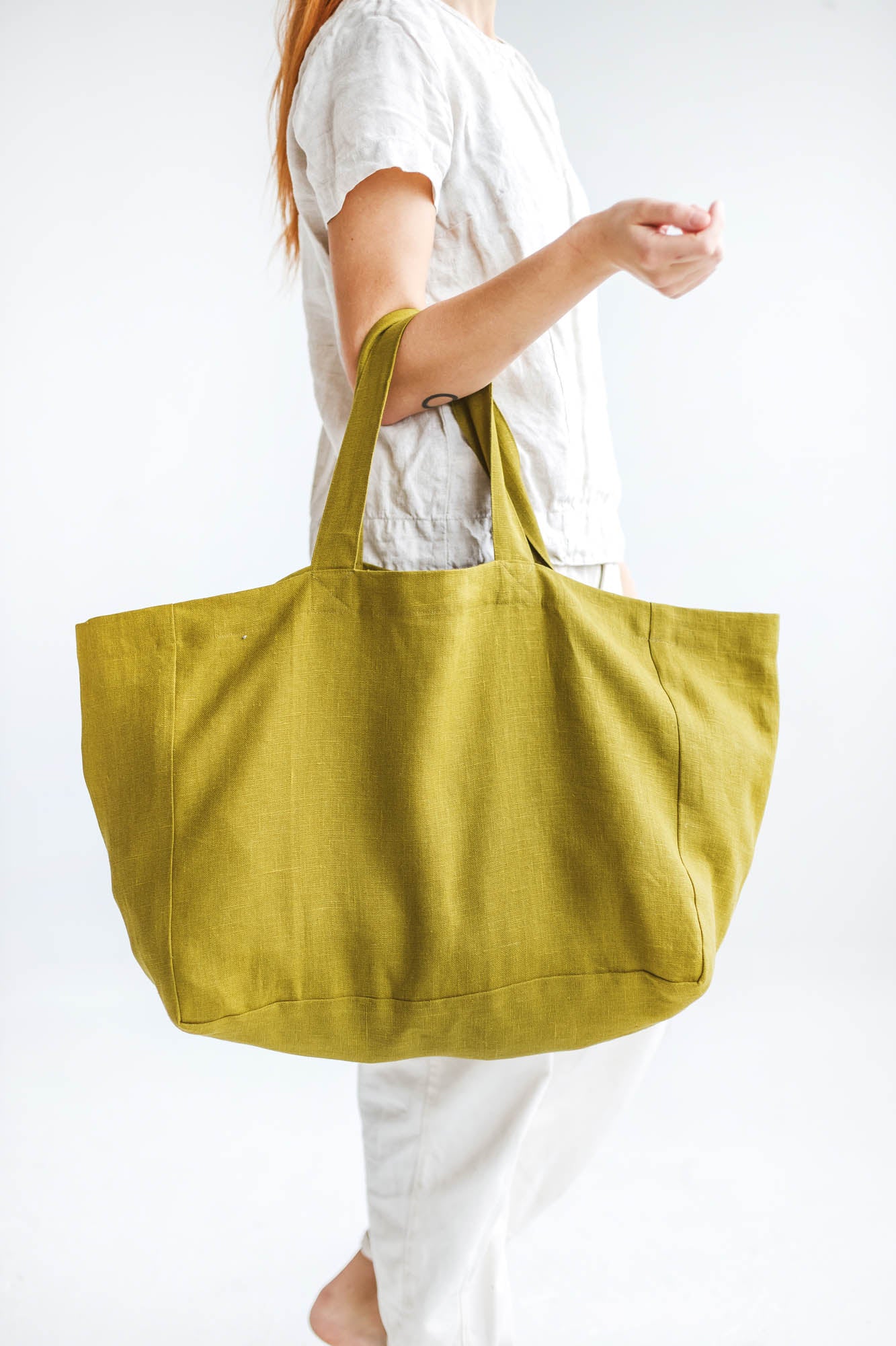 Olive green linen beach bag