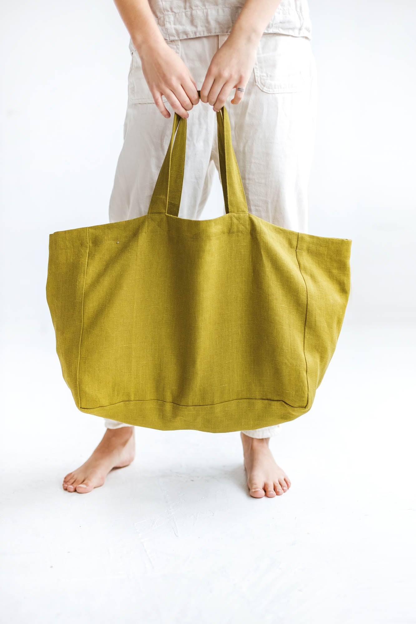 Olive green linen beach bag