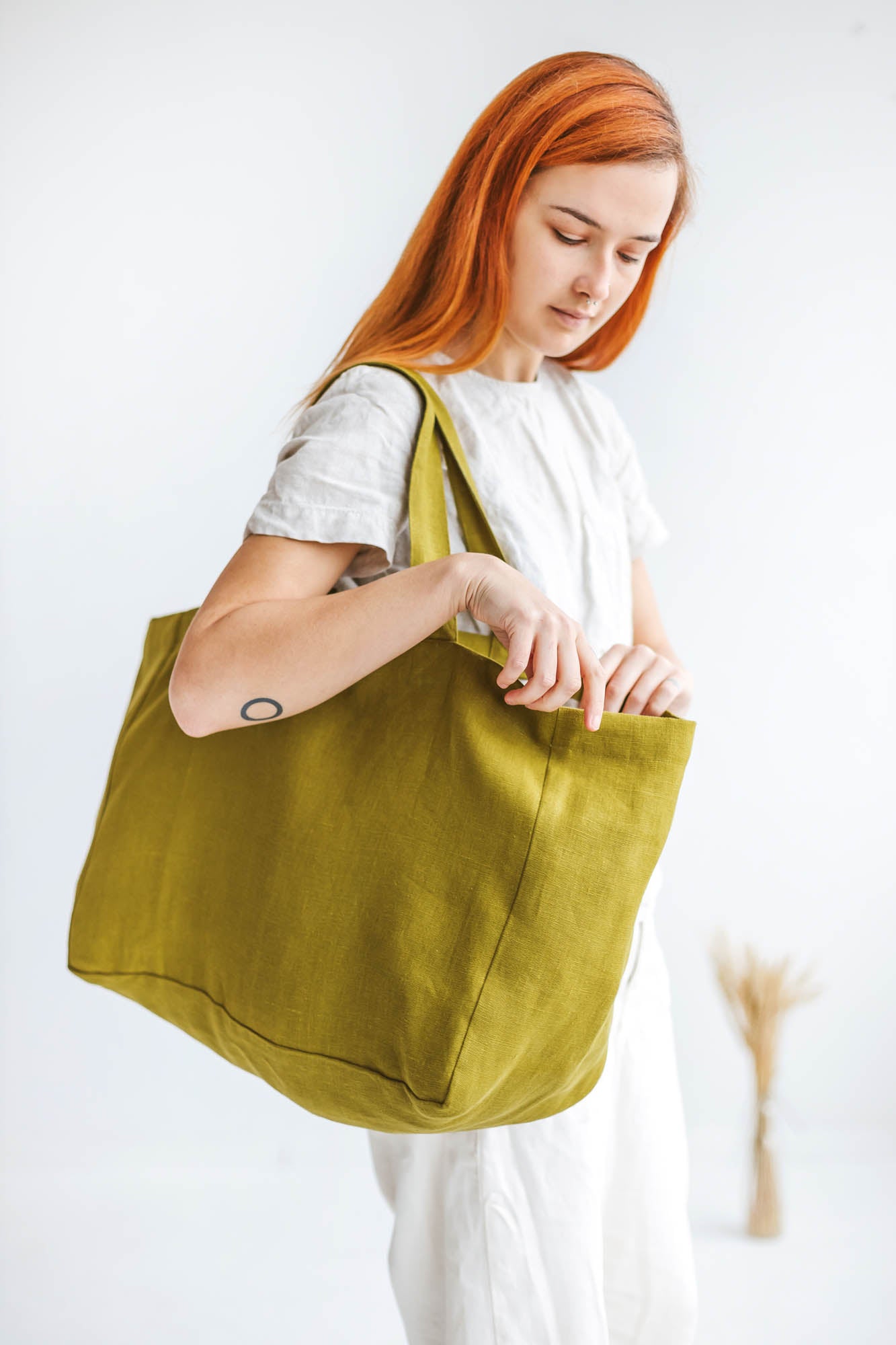 Olive green linen beach bag