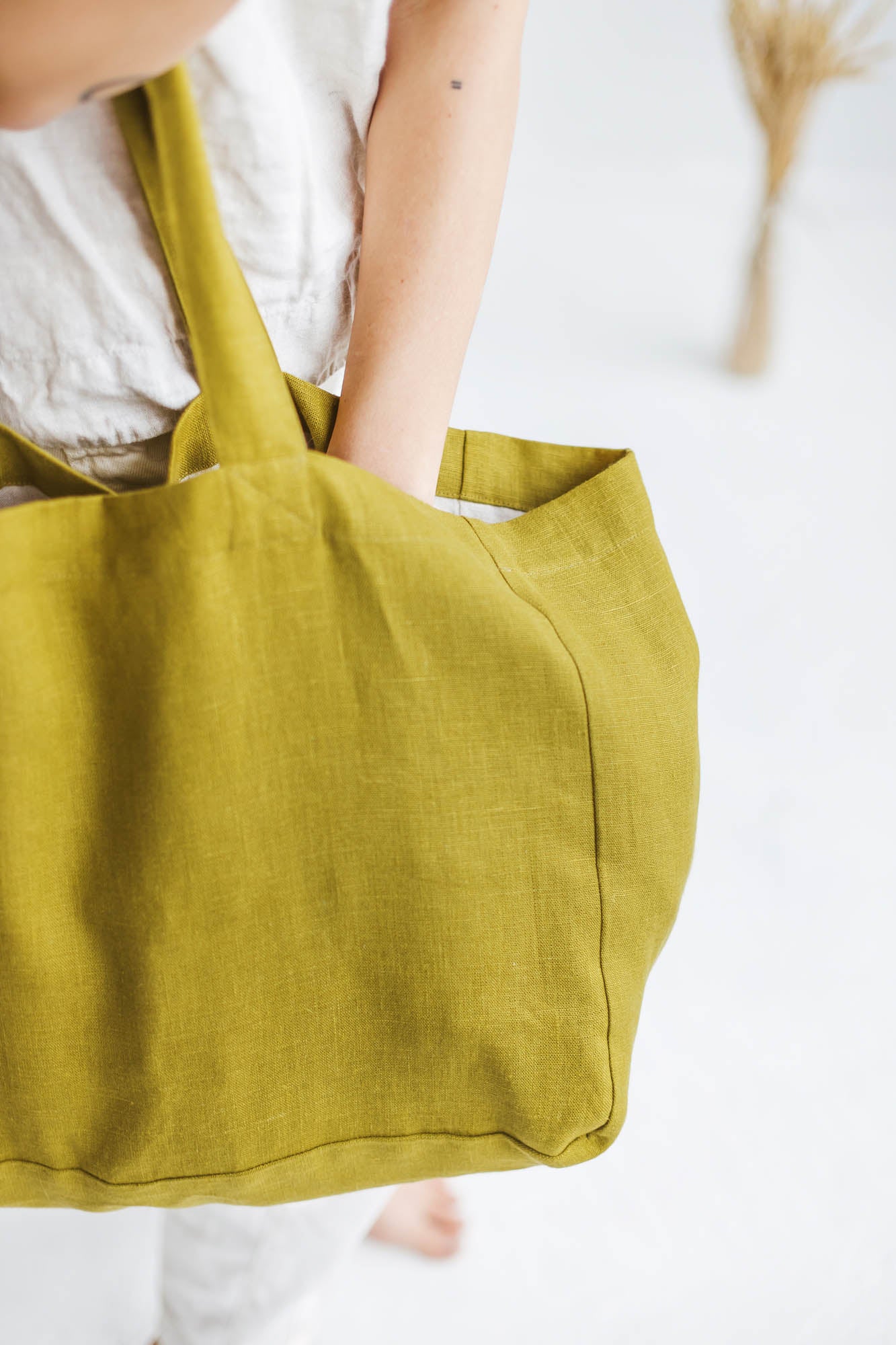 Olive green linen beach bag