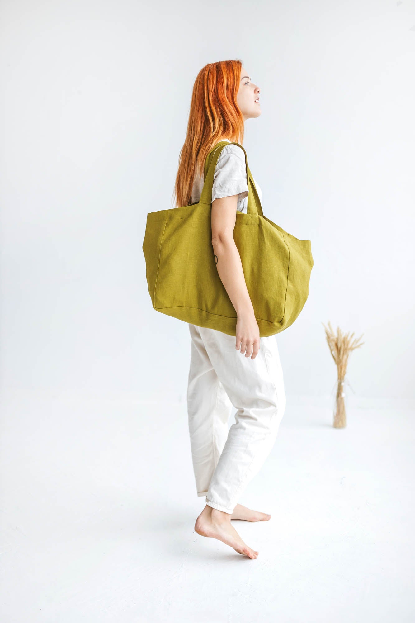 Olive green linen beach bag