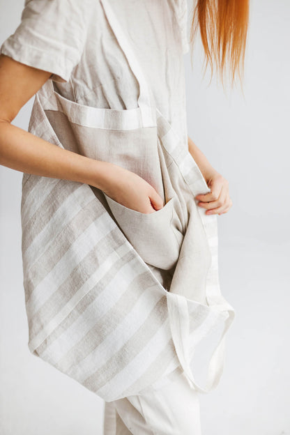 Linen beach bag with white/natural stripes