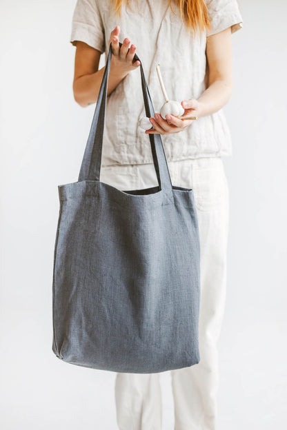 Charcoal gray linen tote bag