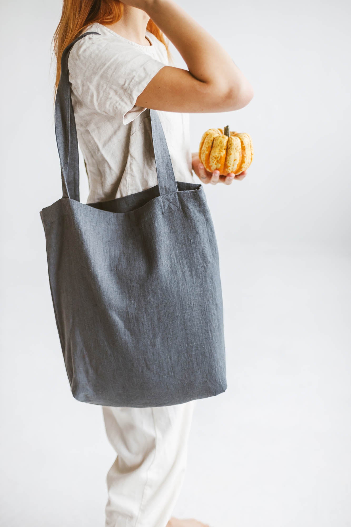 Charcoal gray linen tote bag